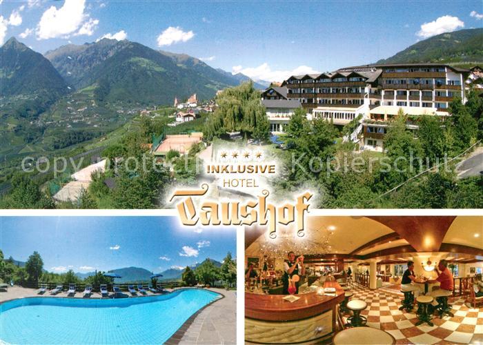 Schenna Meran Hotel Taushof Bar Swimming Pool Tennisanlage Alpen