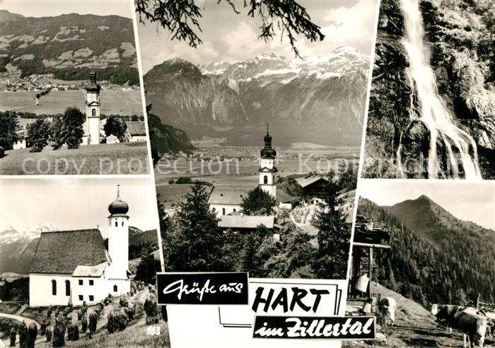Hart Zillertal Ortsansicht mit Kirche Viehweide Alm Wasserfall Alpenpanorama