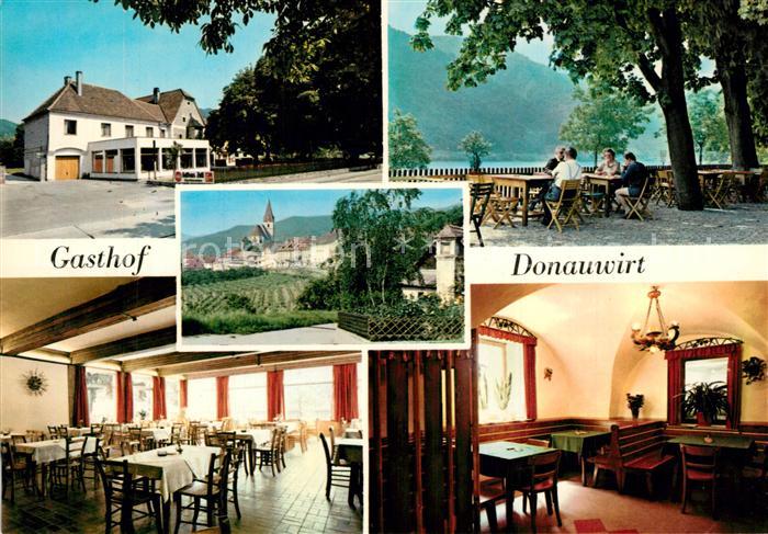 Weissenkirchen Wachau Gasthof Donauwirt Terrasse Motiv mit Kirche