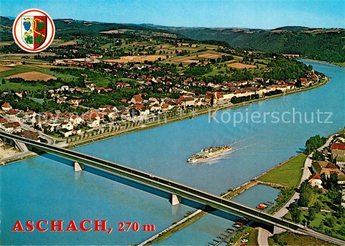 Aschach Donau Erholungsort mit Donaukraftwerk Bruecke Dampfer Fliegeraufnahme