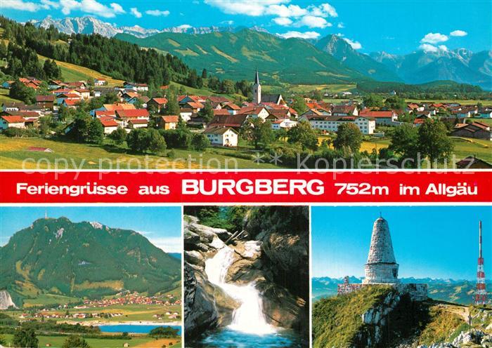 Burgberg Allgaeu Gesamtansicht mit Alpenpanorama Wasserfall Gruenten Jaegerdenkm
