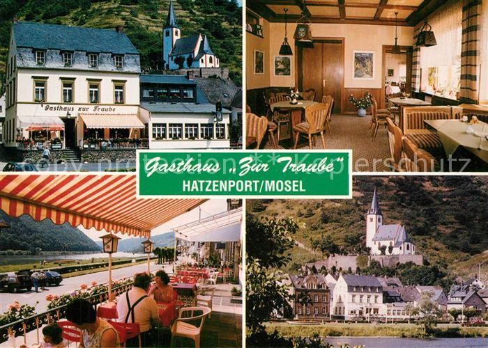 Hatzenport Gasthaus Zur Traube Terrasse Blick ueber die Mosel zur Kirche