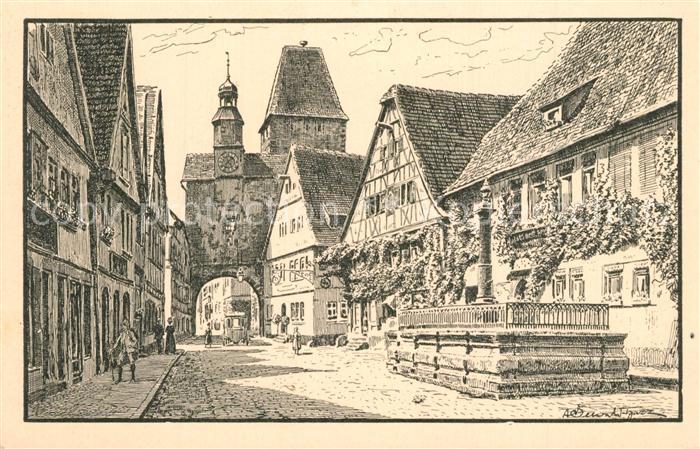 Rothenburg Tauber Roedergasse mit Markusturm und Brunnen