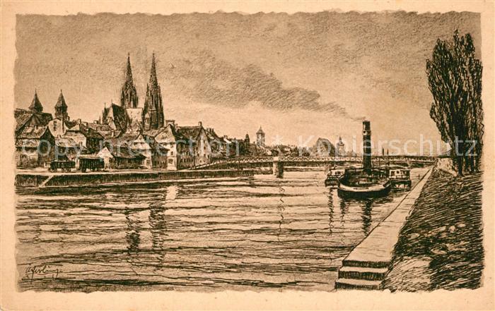 Regensburg Donaupartie mit eiserner Bruecke