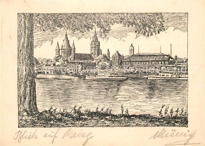 Mainz Rhein Panorama Zeichnung