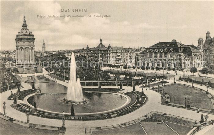 Mannheim Friedrichplatz mit Wasserturm und Rosengarten Fontaene