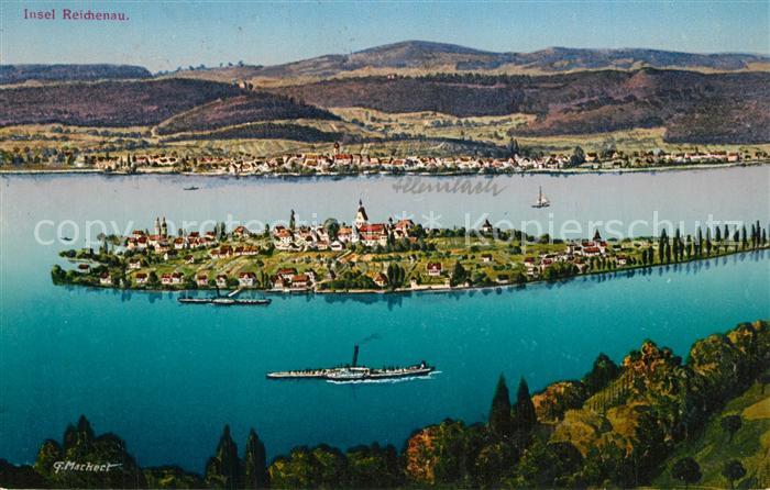 Insel Reichenau aus der Vogelperspektive Kuenstlerkarte