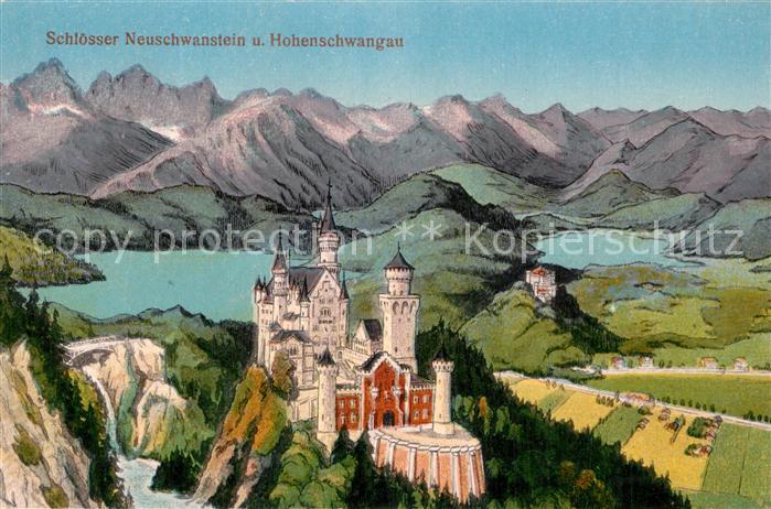 Schwangau Schloesser Neuschwanstein und Hohenschwangau Seen Alpenpanorama Kuenst
