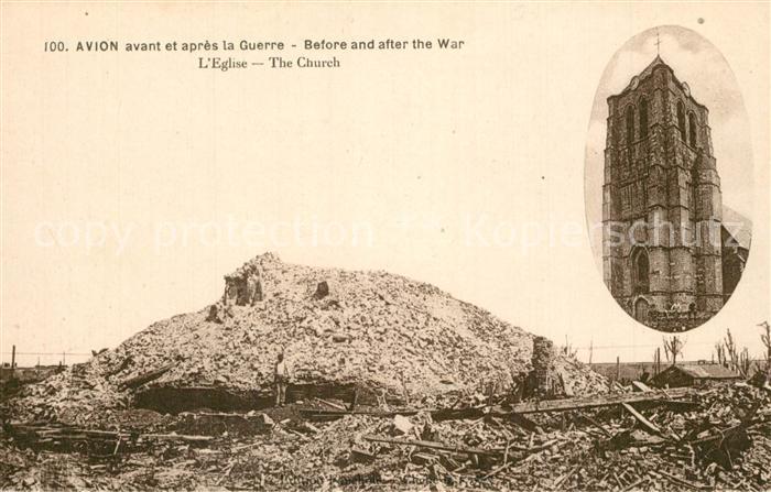 Avion Pas-de-Calais Eglise avant et apres la Guerre