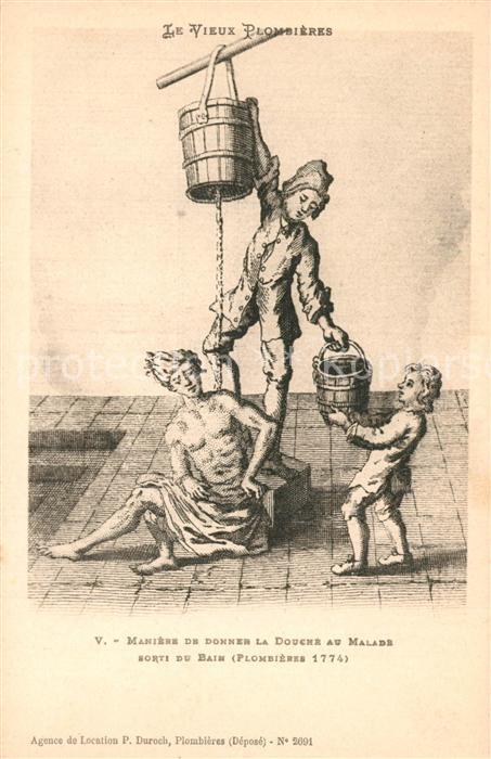 Vieux Plombieres Maniere de donner la douche au malade Sorti du Bain 1774 Dessin