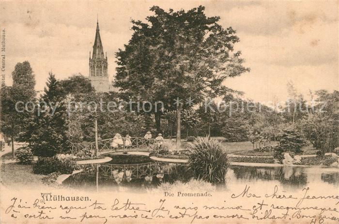 Muelhausen Elsass Promenade Teich Kirchturm
