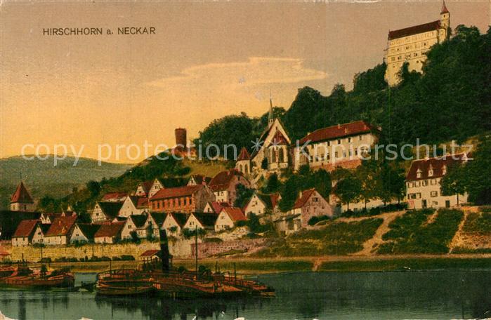 Hirschhorn Neckar Blick ueber den Fluss zur Stadt mit Schloss