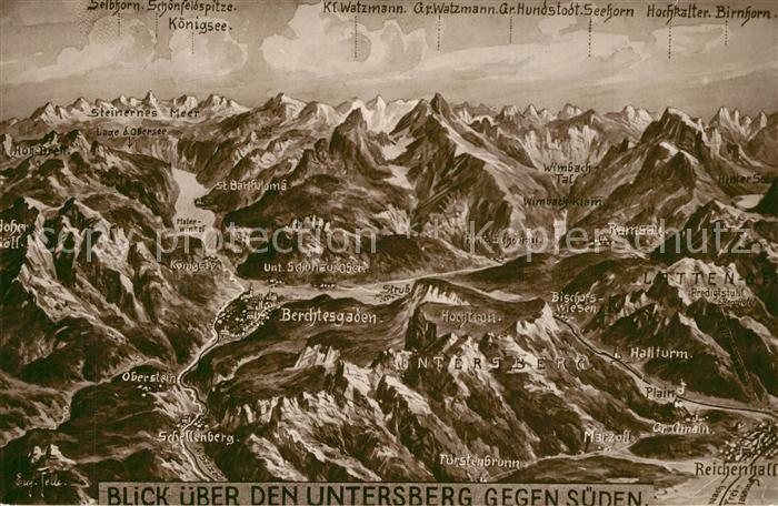Berchtesgaden Blick ueber den Untersberg gegen Sueden Panoramakarte Nr. 54 Felle