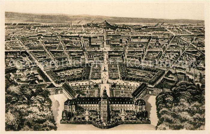 Karlsruhe Baden aus der Vogelschau Kuenstlerkarte