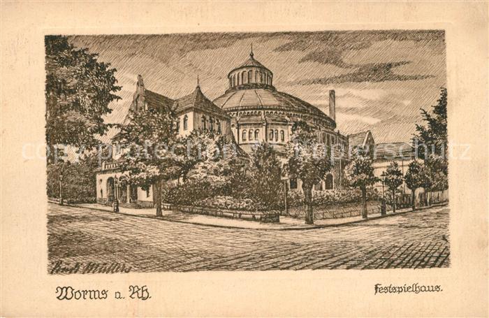 Worms Rhein Festspielhaus Original Federzeichnung von Rudi Muellers Kuenstlerkar