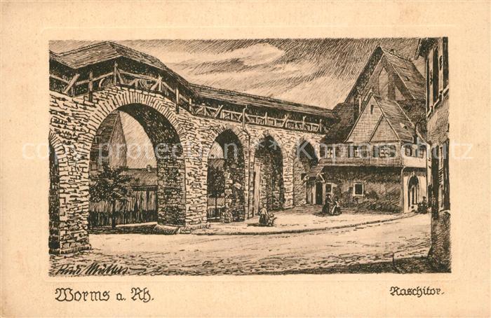 Worms Rhein Raschitor Original Federzeichnung von Rudi Muellers Kuenstlerkarte