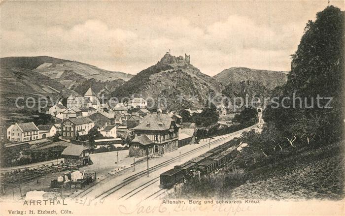 Altenahr Panorama mit Burg und schwarzes Kreuz Eisenbahn Ahrtal