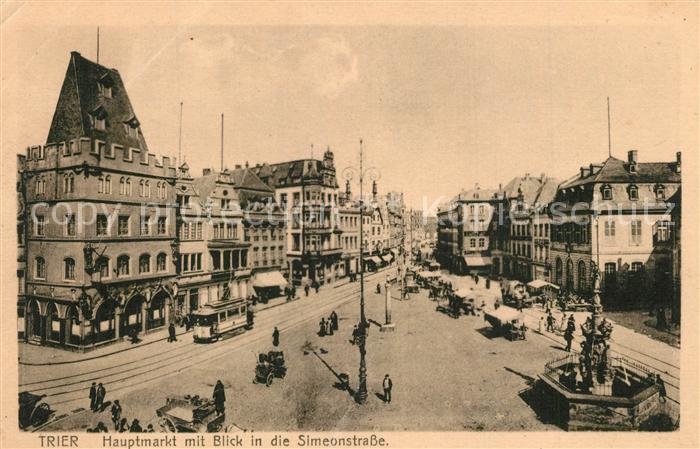 Trier Hauptmarkt mit Blick in die Simeonstrasse Brunnen