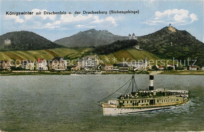 Koenigswinter Blick ueber den Rhein Drachenfels Drachenburg Siebengebirge Dampfe