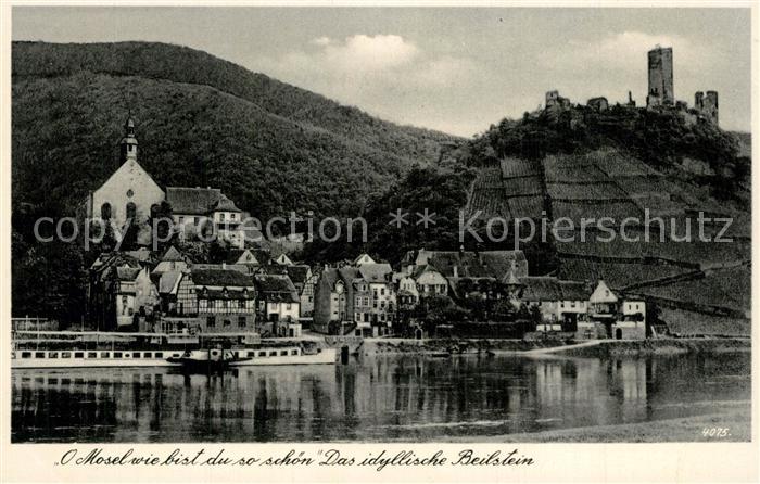 Beilstein Mosel Partie am Fluss Blick zur Burgruine