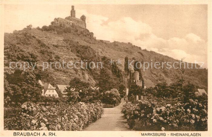 Braubach Rhein Rheinanlagen mit Blick zur Marksburg