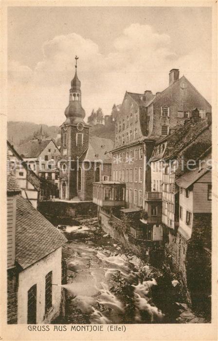 Montjoie Monschau Altstadt Haeuserpartie an der Rur Kirche