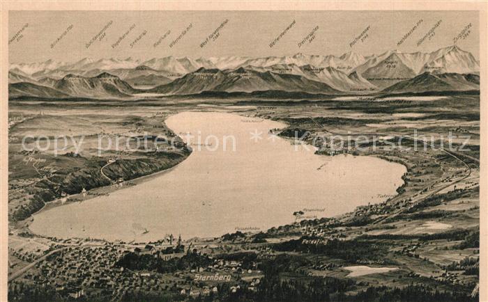 Starnberg Vogelschau mit See und Alpen