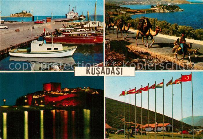 Kusadasi Teilansichten Hafen Fahnen Nachtaufnahme Kamele Esel