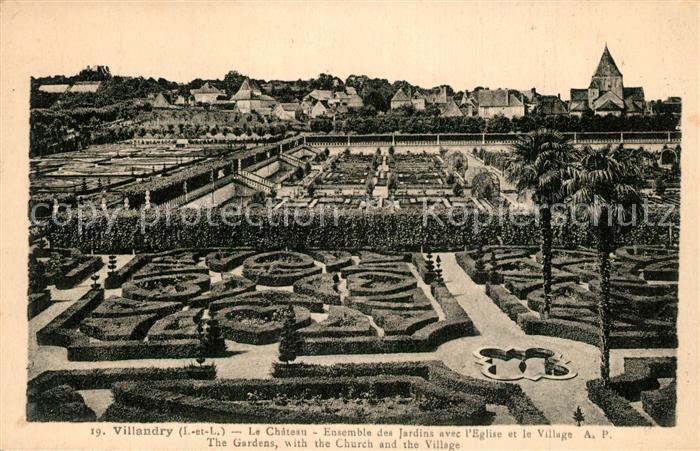 Villandry Chateau Ensemble des Jardins avec Eglise Village