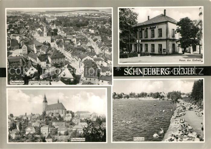 Schneeberg Erzgebirge Teilansicht mit Kirche Haus der Einheit Filzteich