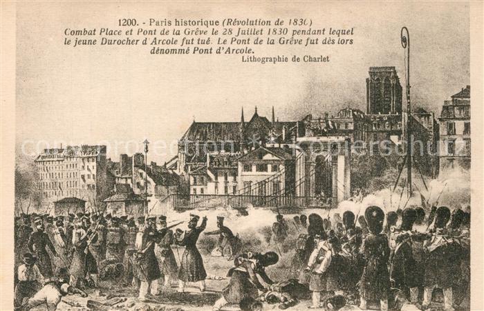 Paris Ville historique Combat Place et Pont de la Grêve Juillet 1830 Lithographi