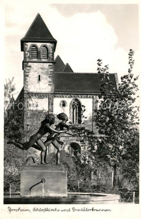 Pforzheim Schlosskirche und Dreitaelerbrunnen