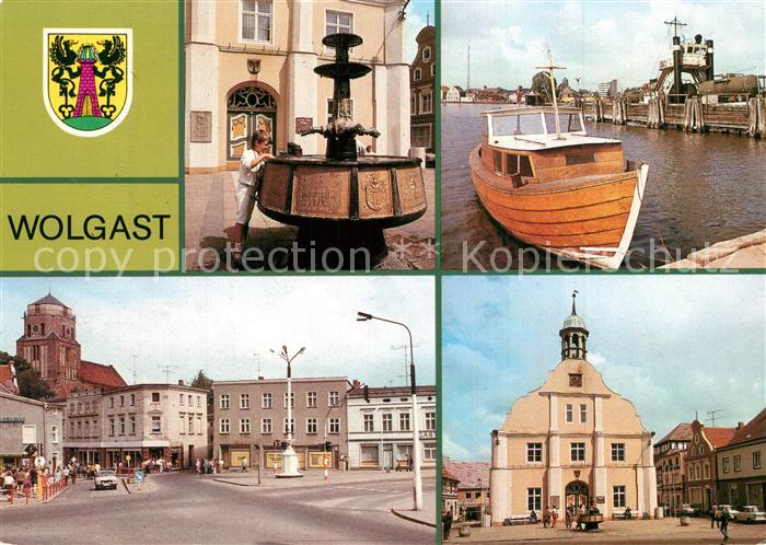 Wolgast Mecklenburg-Vorpommern Rathausbrunnen Faehrschiff Stralsund Platz der Ju