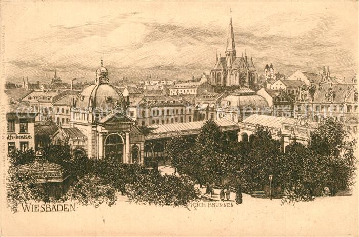 Wiesbaden Kochbrunnen Stadtbild mit Kirche Kuenstlerkarte