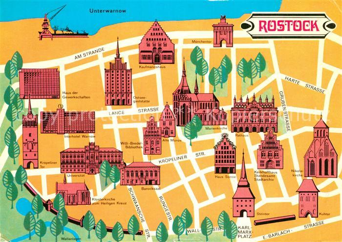 Rostock Stadtplan Stadtzentrum mit Sehenswuerdigkeiten der Stadt