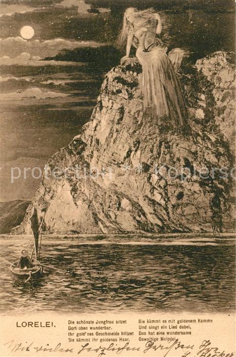 Lorelei Loreley Felsen Jungfrau im Mondschein Sage Kuenstlerkarte