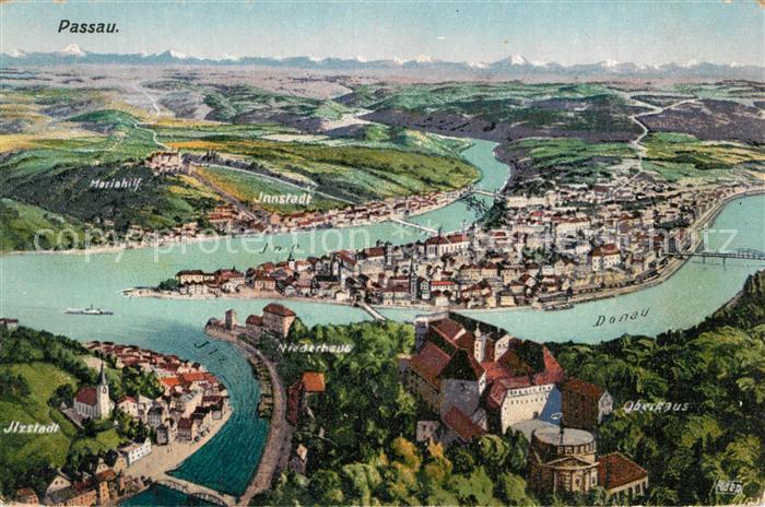 Passau Panorama aus der Vogelperspektive Donau Ilz Inn Alpenkette