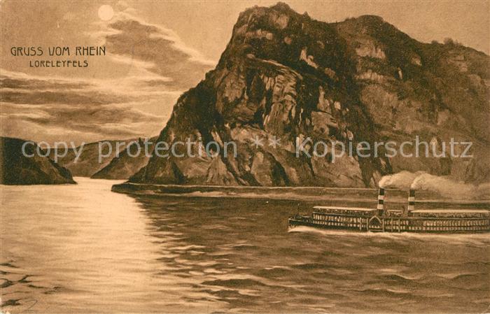 St Goarshausen Rheindampfer Loreley Felsen Sage Kuenstlerkarte