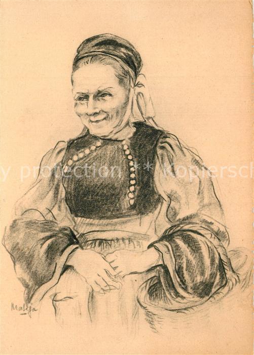 Bretagne Region Vieille femme Dessin Künstlerkarte