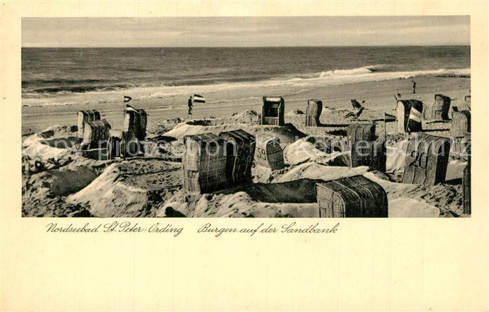 St Peter-Ording Nordseebad Burgen auf der Sandbank Strandkoerbe