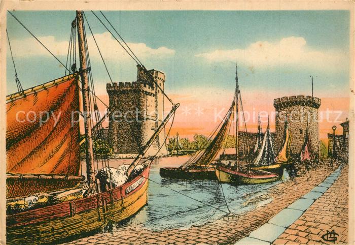 La Rochelle Charente-Maritime Quai et entrée du port tours Dessin Kuenstlerkarte