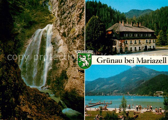 Gruenau Mariazell Marienwasserfall Hotel Erlaufsee Badestrand Alpen