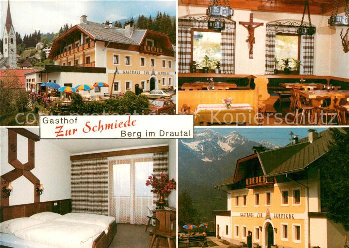 Berg Drautal Gasthof Zur Schmiede Fremdenzimmer Gastraum Blick zur Kirche