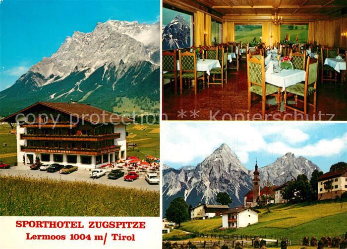 Lermoos Tirol Sporthotel Zugspitze Restaurant Ortsmotiv mit Kirche Alpen