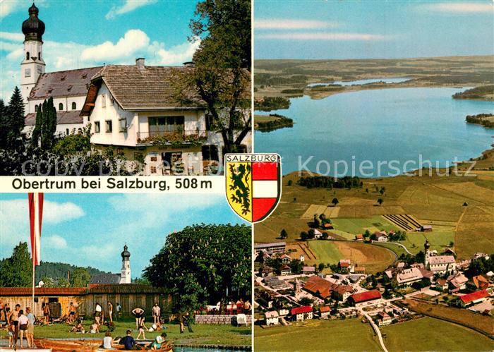 Obertrum See Pfarrkirche Obertrumer See mit Strandbad Fliegeraufnahme