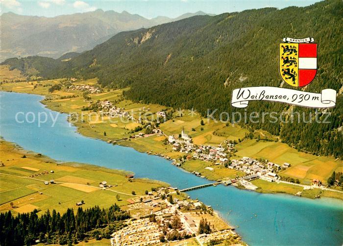 Weissensee Kaernten Fliegeraufnahme mit Camping und Strandbad Knaller