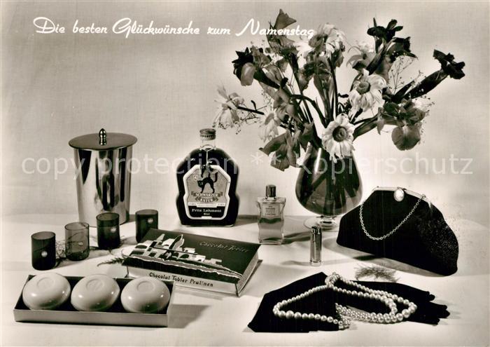 Namenstag Namenskarte Schnaps Schwarzer Kater Perlenkette Parf?m Tasche Blumen P