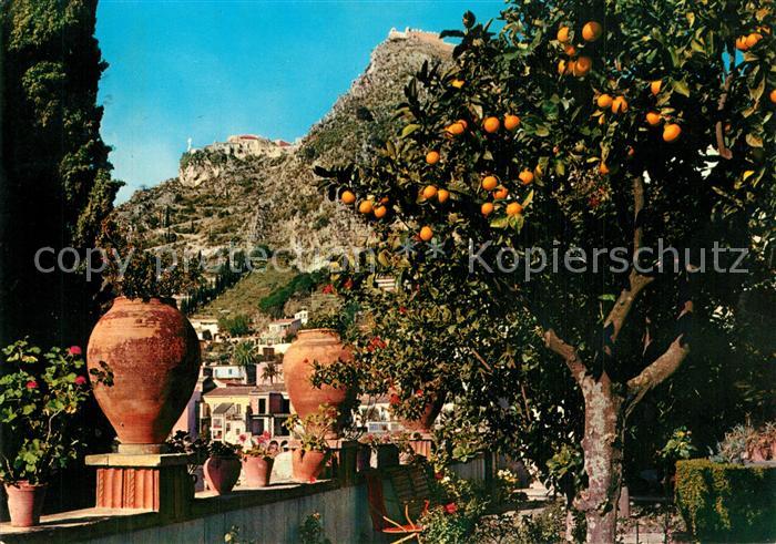 Taormina Sizilien Panorama col Santuario Madonna della Rocca Orangenbaum