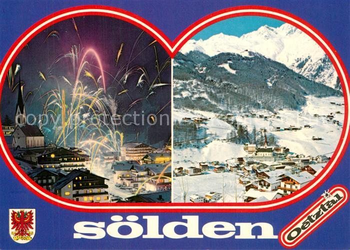 Soelden oetztal Winterpanorama oetztaler Alpen Ortsansicht mit Kirche Feuerwerk