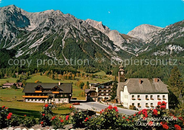 Kulm Ramsau Ortsansicht mit Kirche mit Blick zum Scheichenspitz Dachsteingebirge